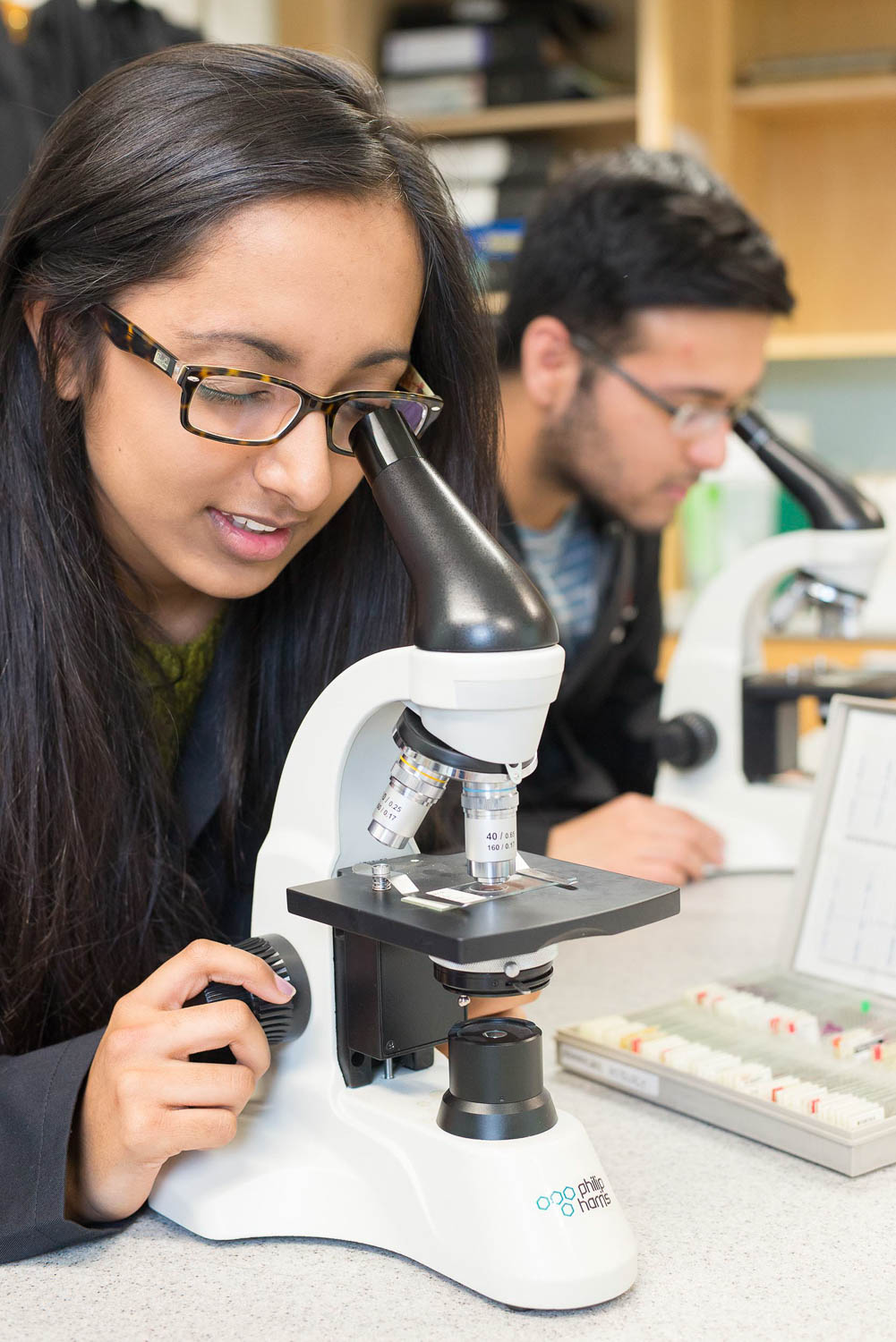 Student using microscope