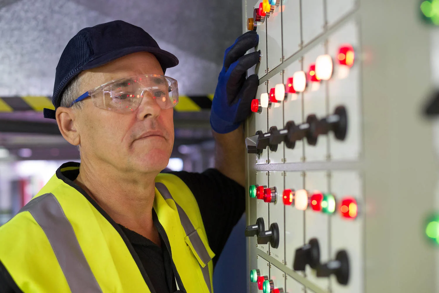 Workman in high viz looking at control board