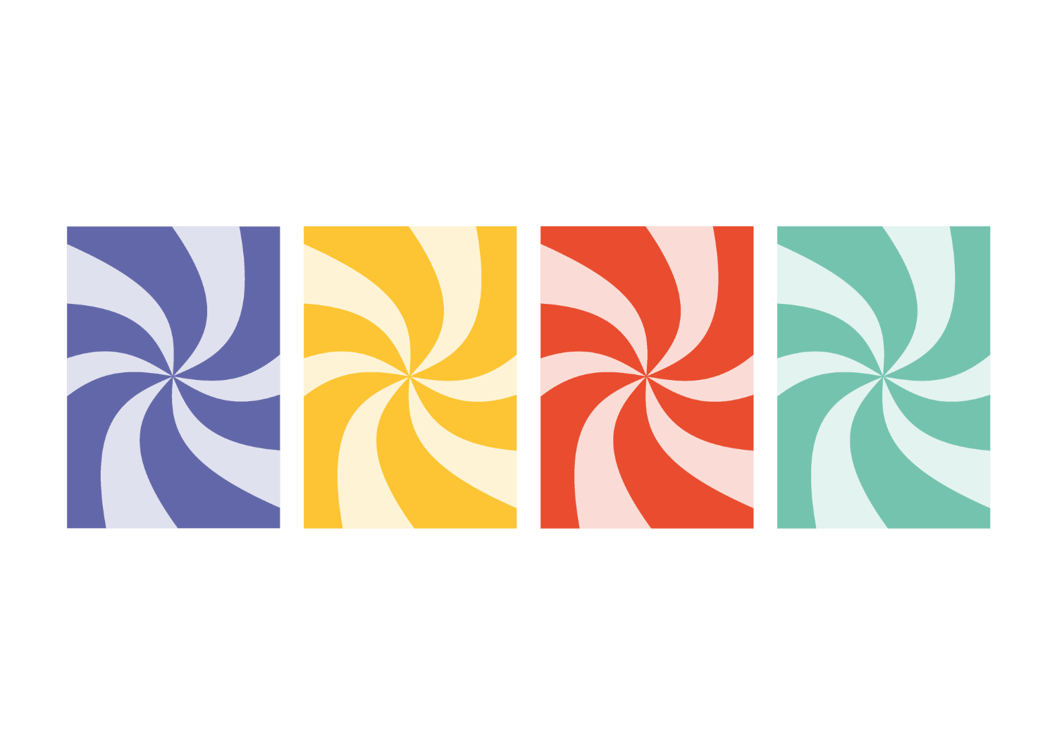 Vormtaal in 4 kleuren die terugkomt in alle visuele uitingen en beweging uitstraalt en zes design voorbeelden van de social media uitingen