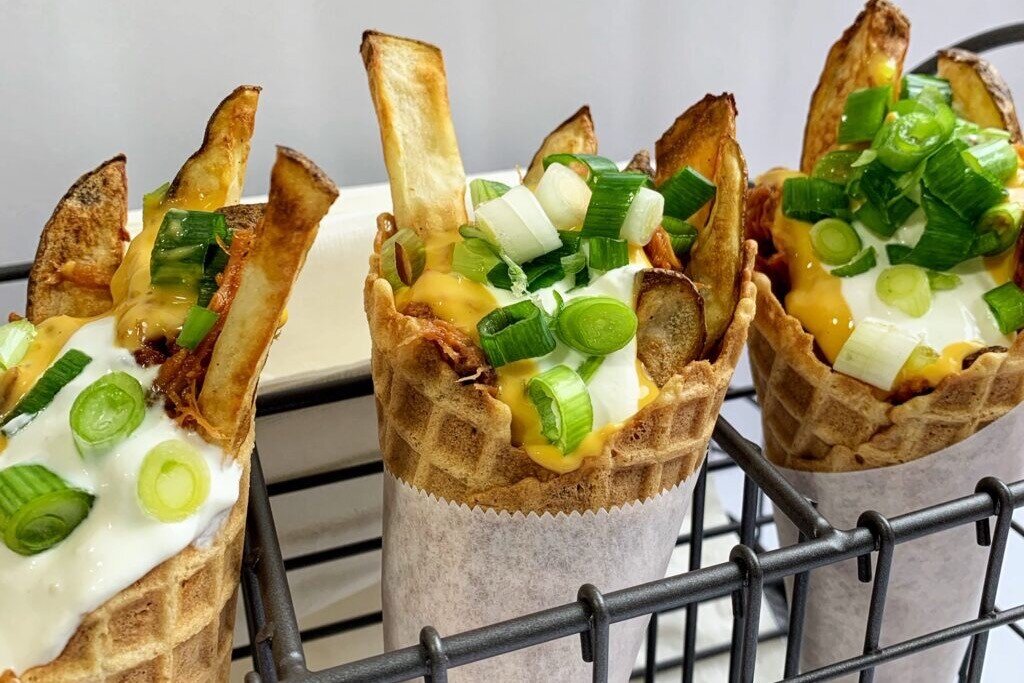  Photo:  Waffle cones filled with french fries.  