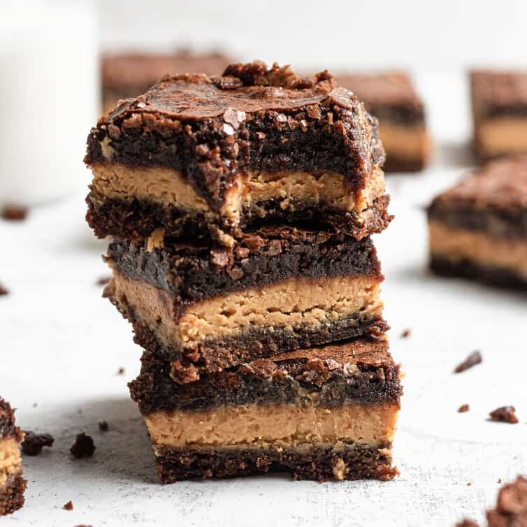  Photo:  A stack of chocolate and peanut butter brownies.  