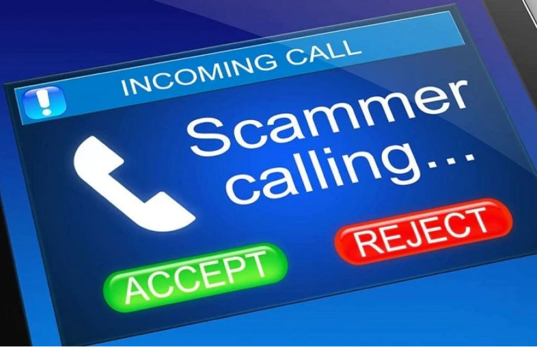  Photo:  A cell phone screen warning about a scam caller.  