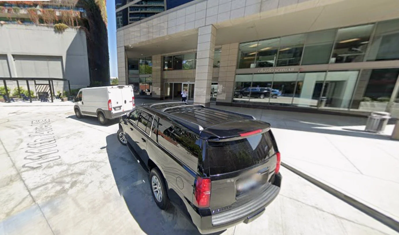 Parking in front of bldg main entrance, restrooms in lobby.