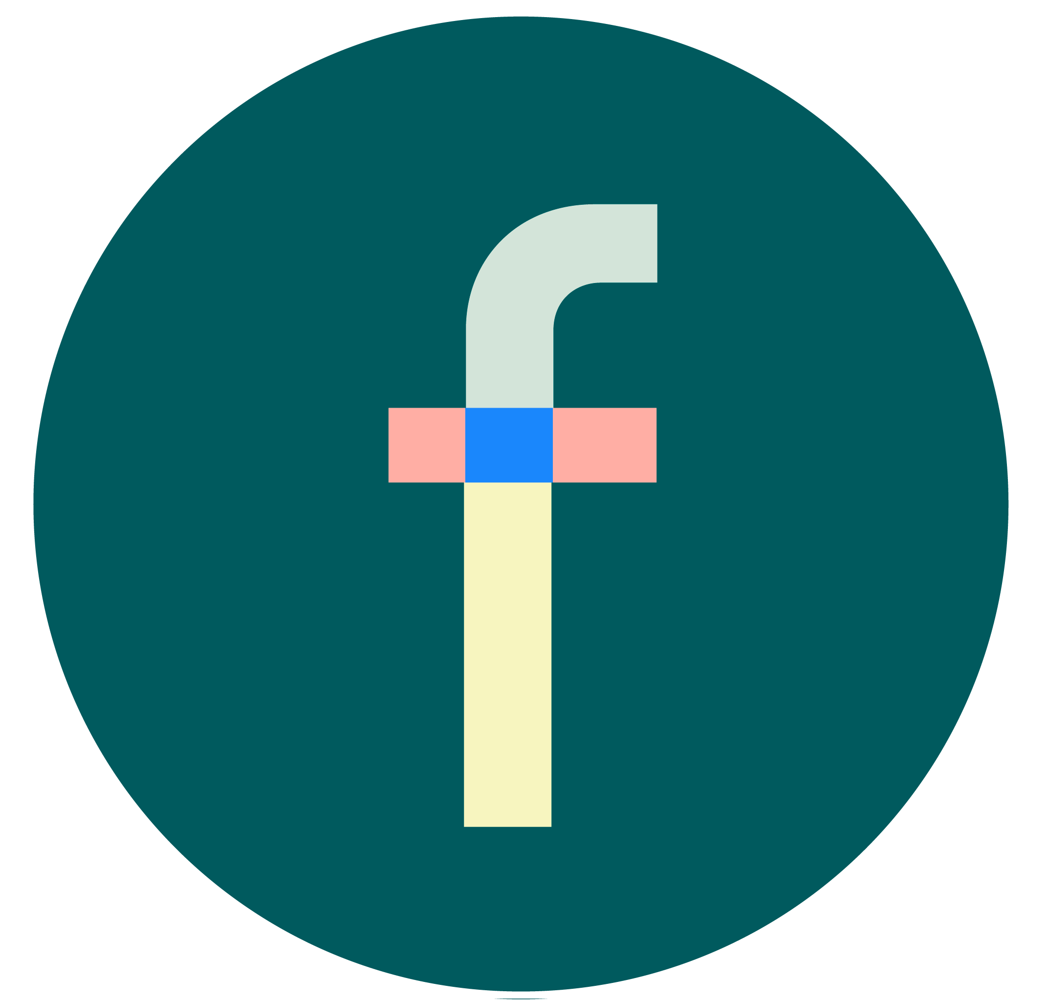 Abstract design with stylized lowercase 'f' in pastel colors on dark teal background.