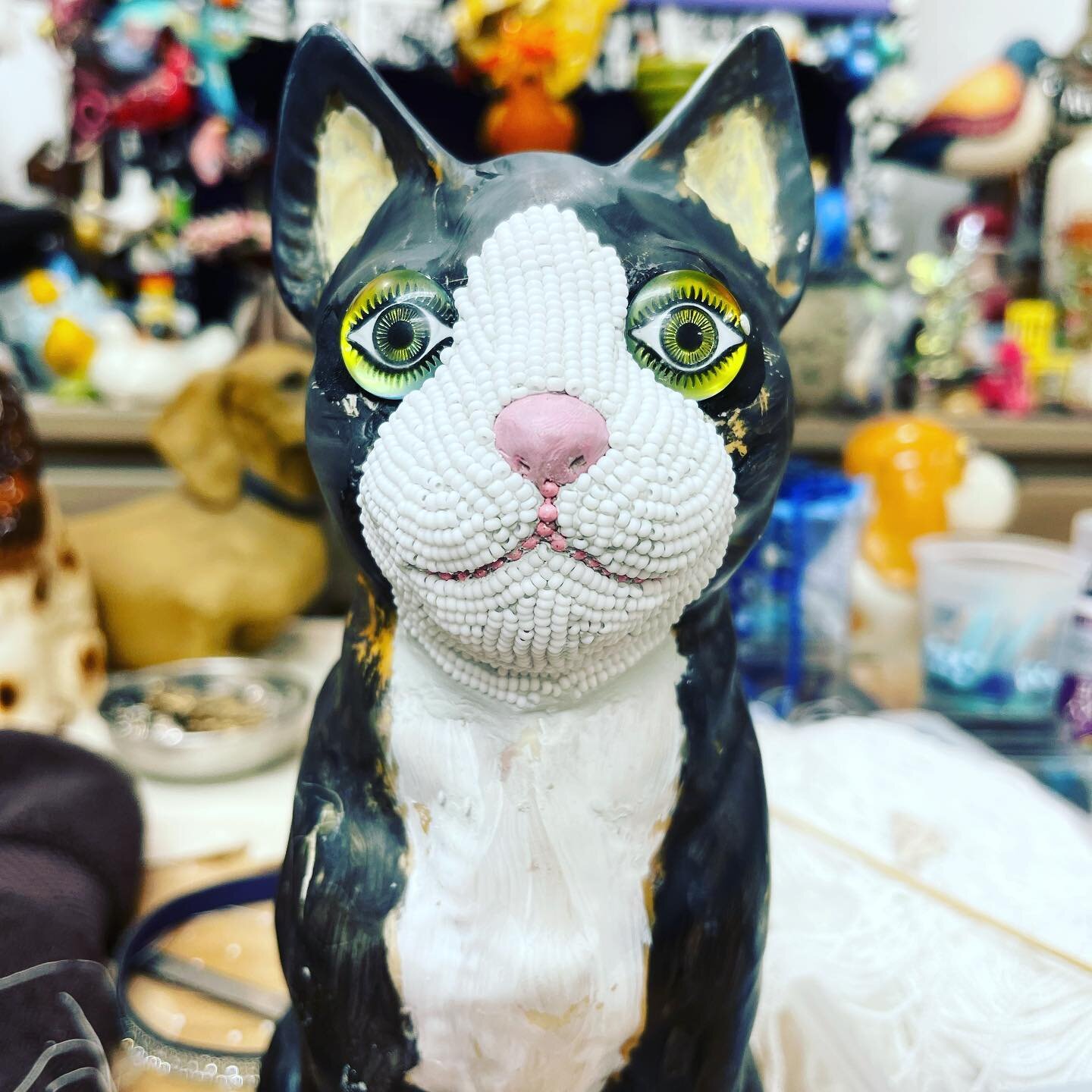 Working on this sweetie commission for the new Cats at Play Cafe opening soon in downtown Asheville. Excited to visit the kitties and I&rsquo;ll have my other cat art in their boutique. How fun is this??? #mosaiccat #ilovemyjob