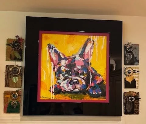 My Feathered Friends collector just sent me this. I love how they are all stacked up around the dog painting. She&rsquo;s still@working on where to hang the other 4. How fun!