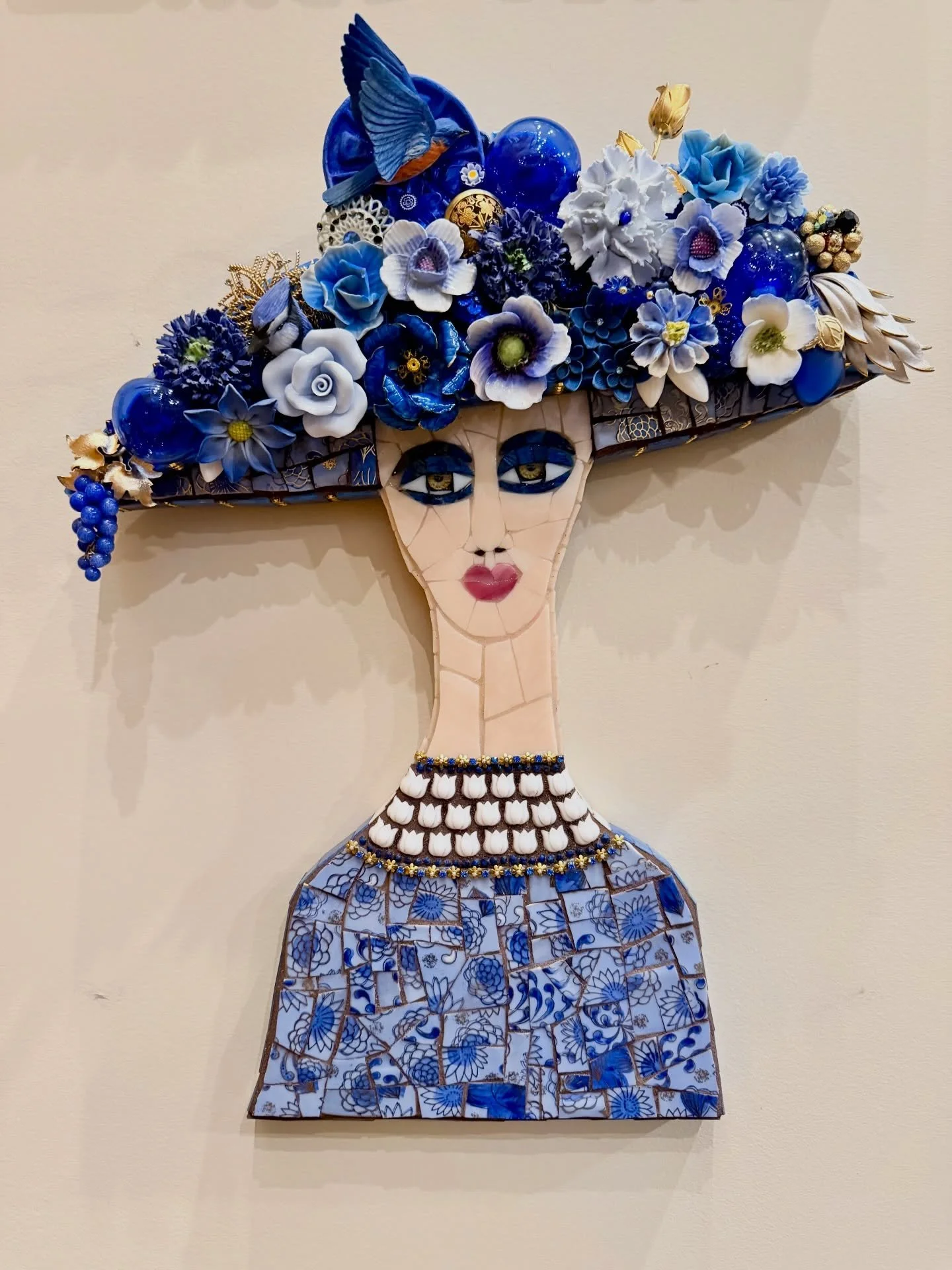 Lady in a Hat &ldquo;Amanda&rdquo;. She will debut @marqueeasheville later this week. #mosaicart #mosaiclady #ashevillemosaics #marqueeasheville #debramagermosaics