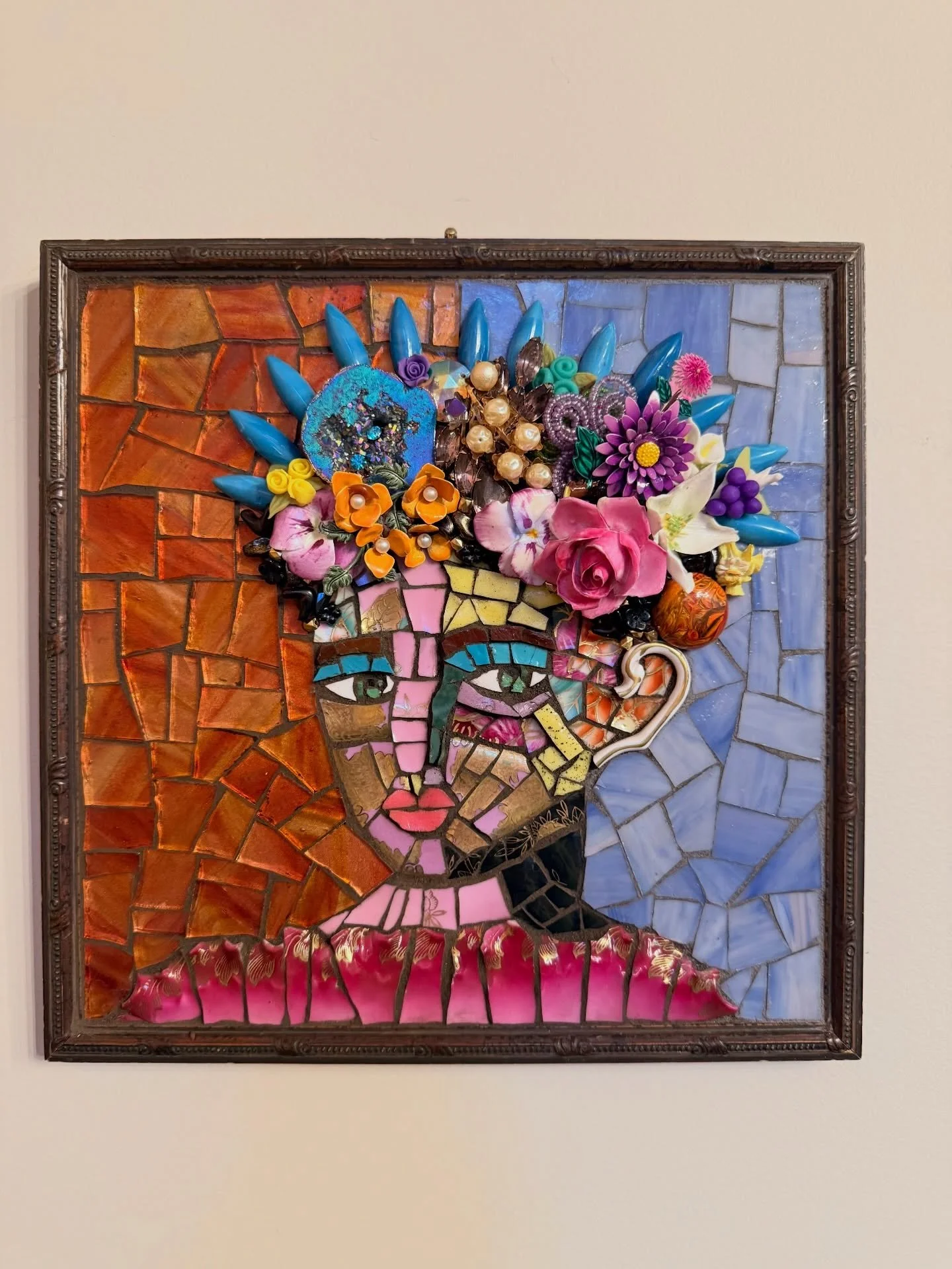 &ldquo;Girl With Big Dreams&rdquo; 10x10&rdquo; in vintage frame.  #girlpower #mosaicart #mosaics #ashevilleartist #debramagermosaics