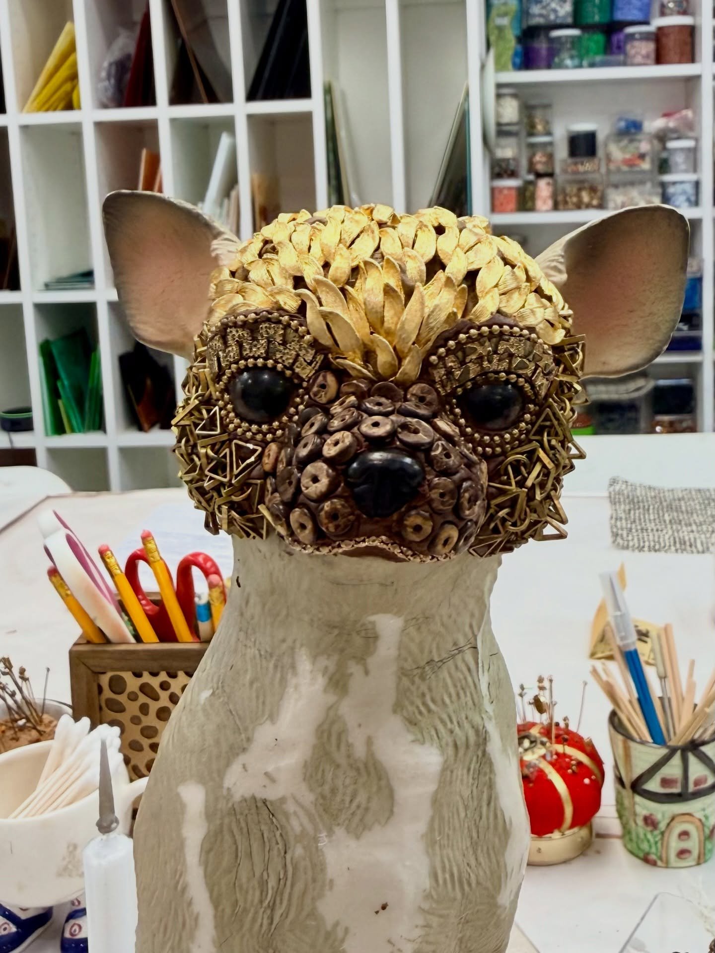 This sweetie pie is in the works. Getting his groove on. #chiuahua #mosaicdog#mosaicart #debramagermosaics