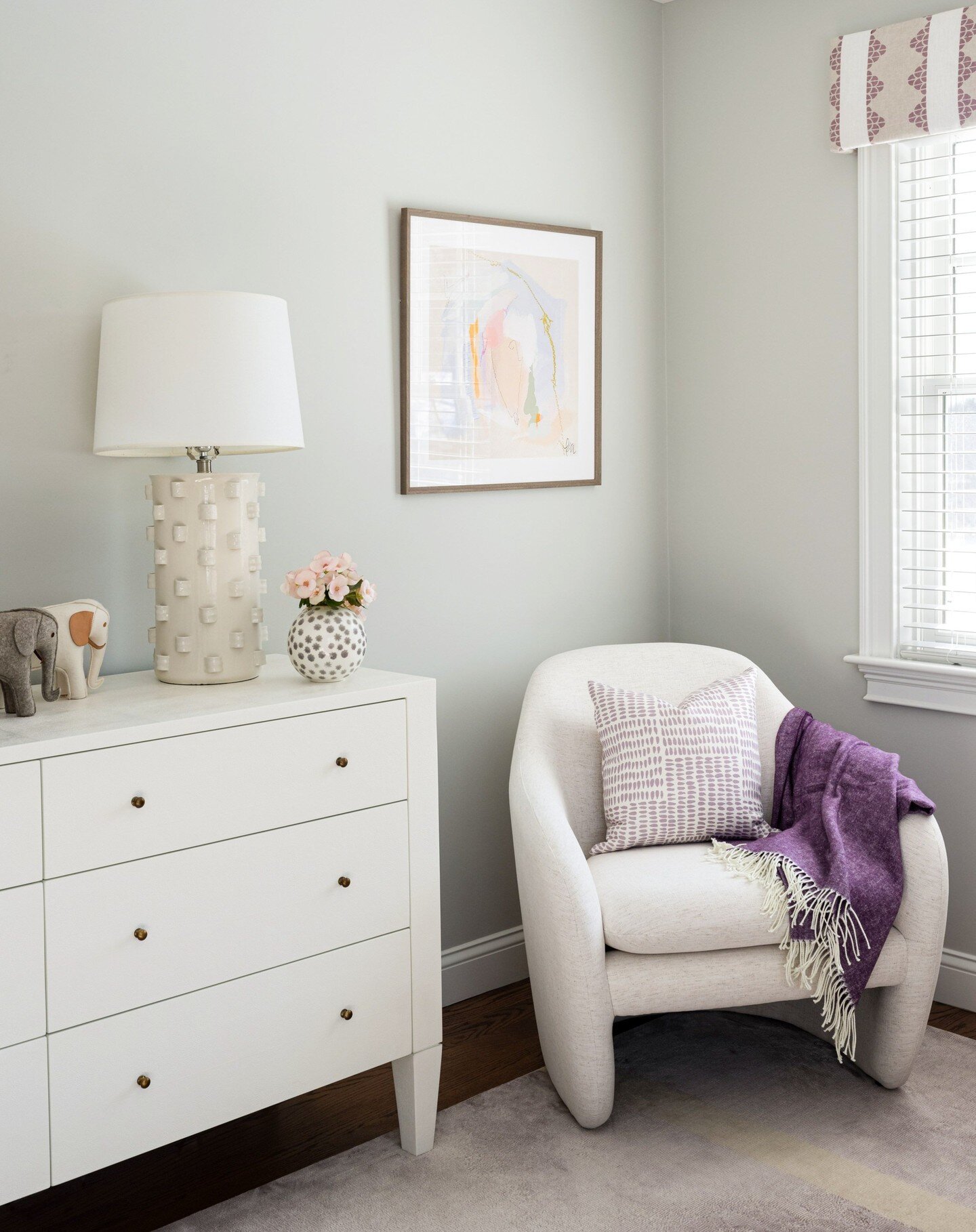 This girls room from our Concord project is a relaxing retreat with soft neutrals and pops of purple. 
Design: @stylehouseboston