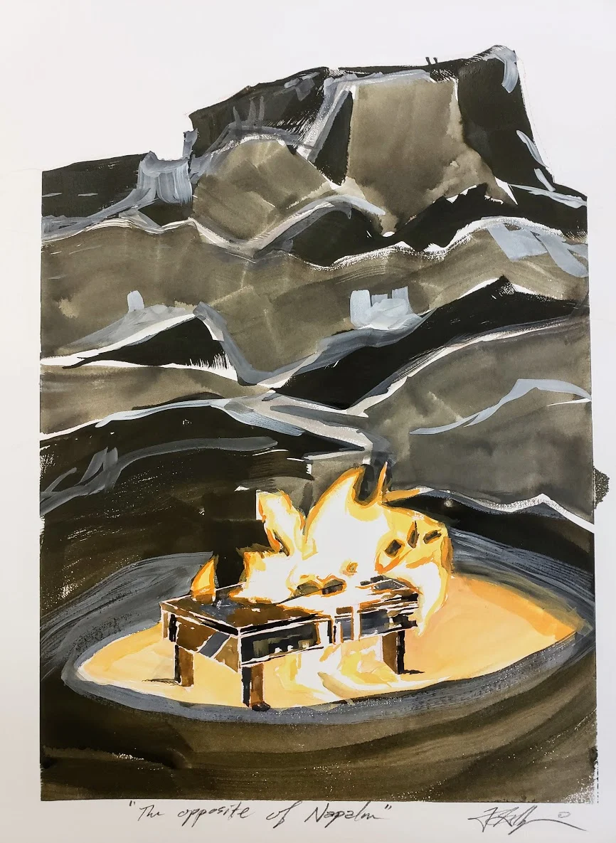 Altar at Chimney Rock (The opposite of napalm) study- Gouache on paper, 15”x11”