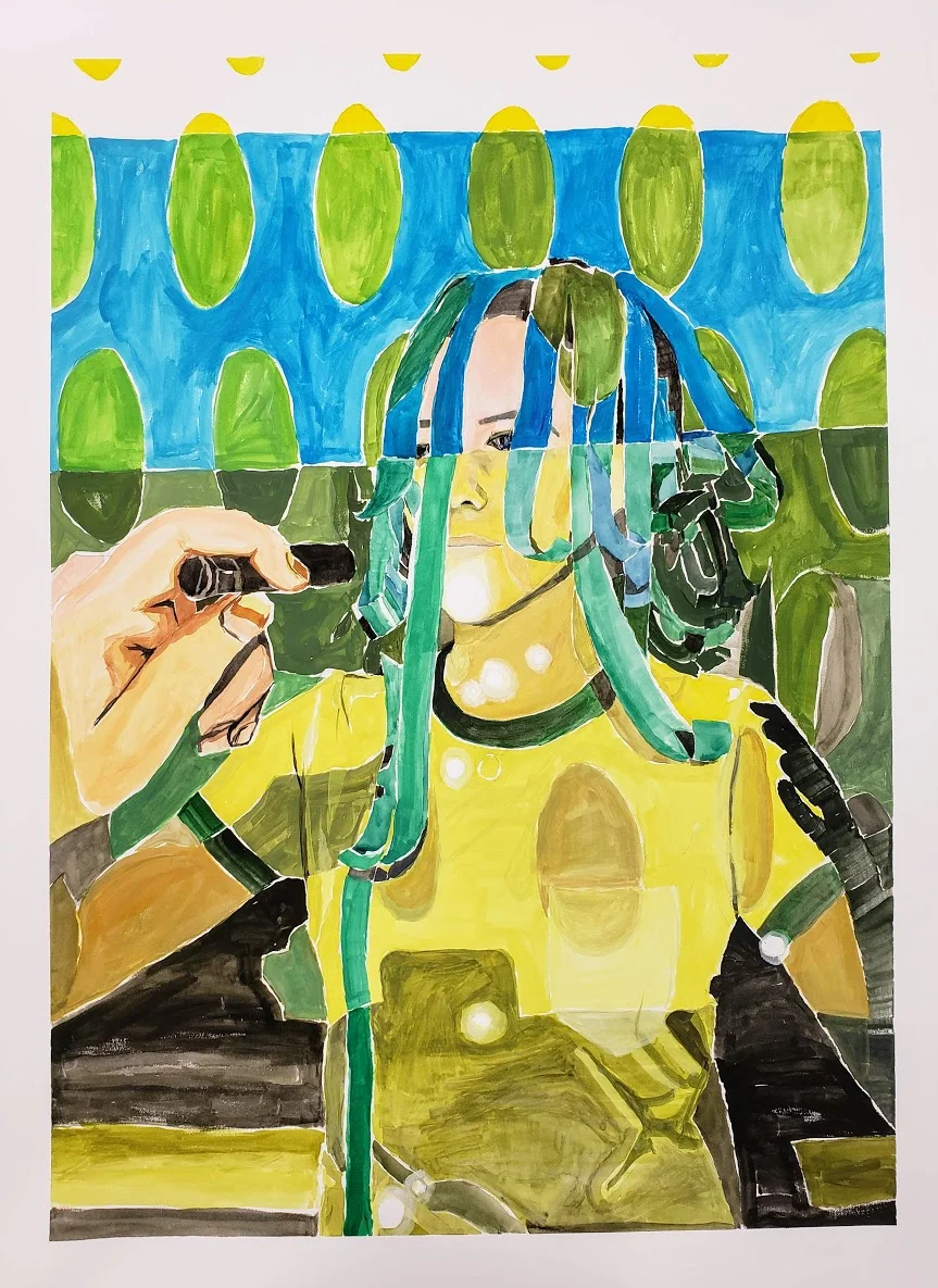 Hannah and flashlights. Gouache on paper, 30”x 22”