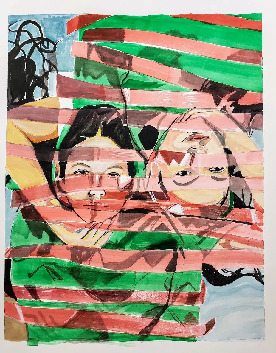 Kricklyn & Leah with wet hair. Gouache on paper, 30”x 22”