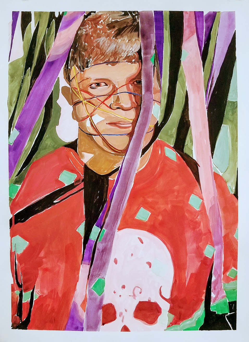 Silas with rubber bands. Gouache on paper, 30”x 22”