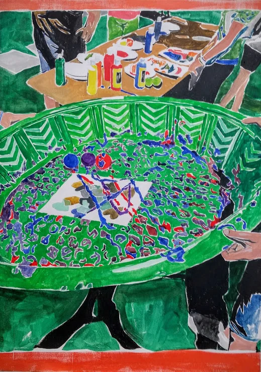 Printmaking workshop with tennis balls and a kiddie pool. Gouache on canvas, 28”x 20”