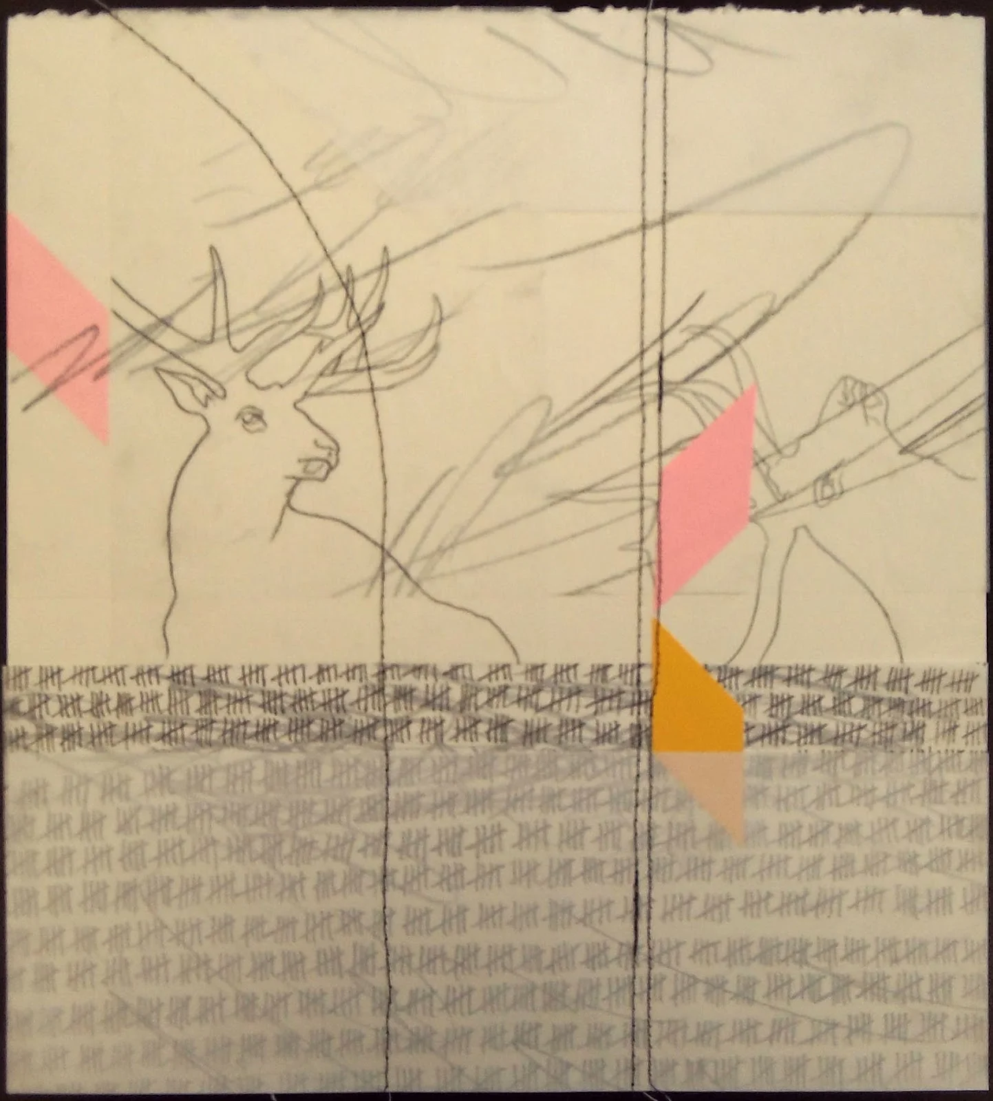 Two bulls thinking together, pencil, thread and collage on paper, 11”x 10”