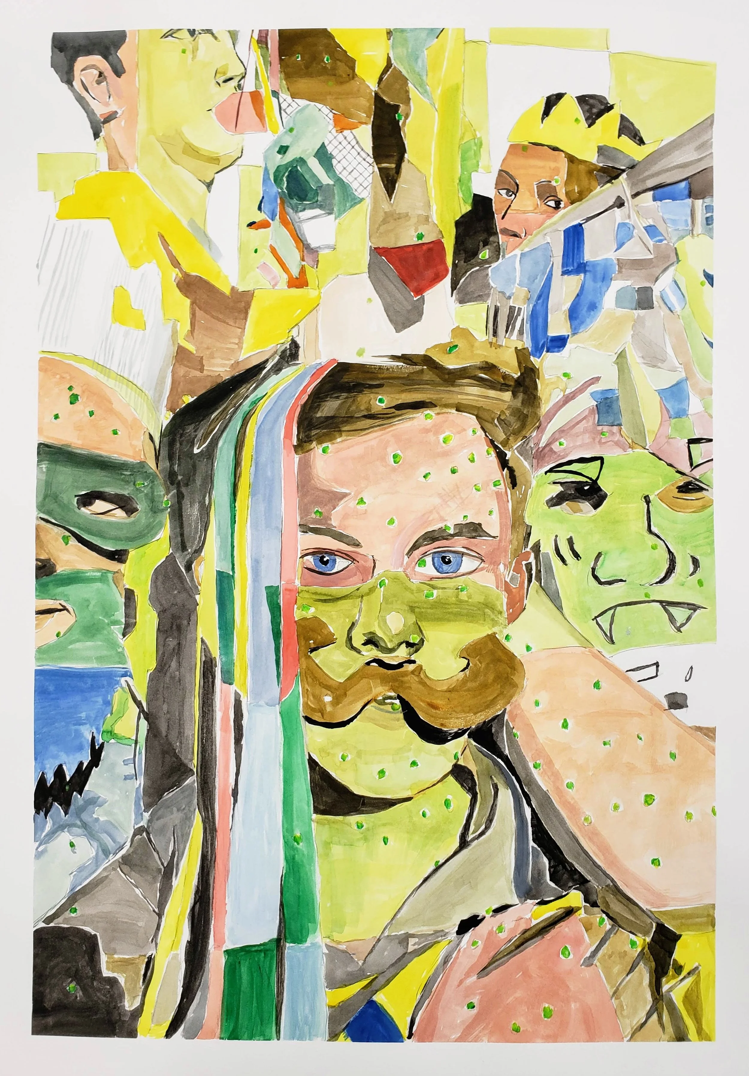 Ben and company (from classroom TASK party). Gouache on paper, 30”x 22”