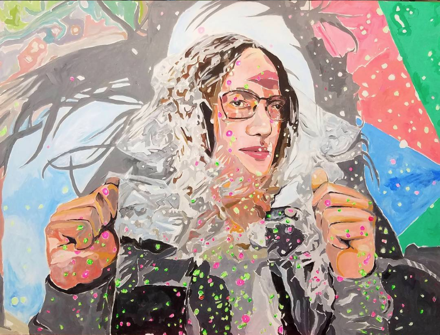 Austin under saran wrap and Avery. Oil on panel, 24”x 36”
