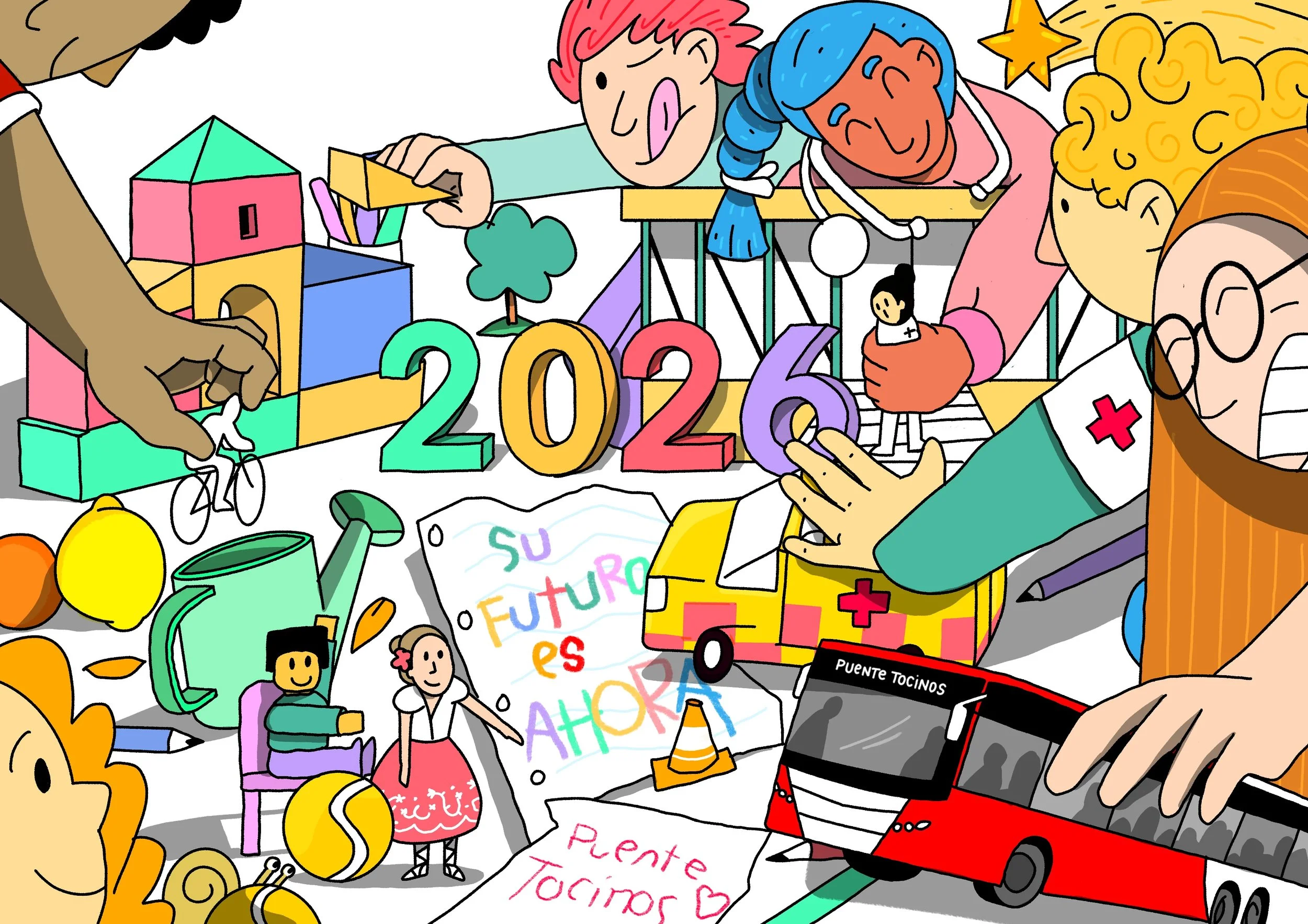 Ilustración de Eloy González para el calendario de Puente Tocinos 2026, donde la infancia representa de forma simbólica las necesidades, mejoras y aspiraciones de futuro del pueblo.