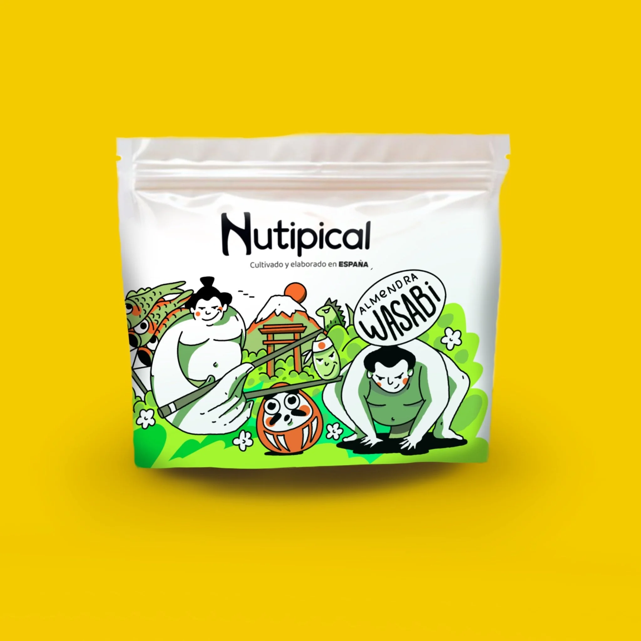 Diseño de packaging Nutipical para almendras wasabi con ilustración de inspiración japonesa