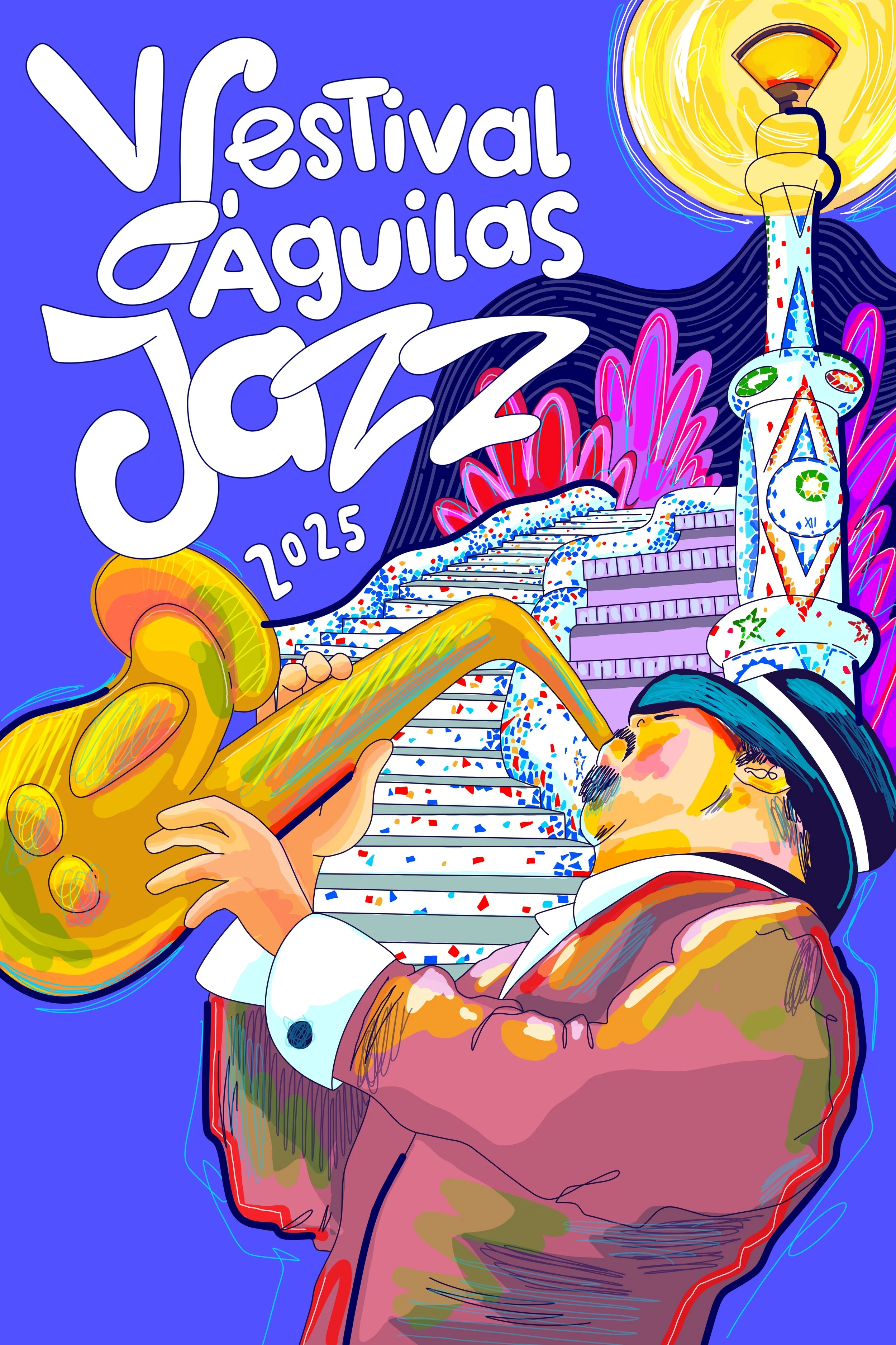 Cartel ilustrado por Eloy González para el V Festival Águilas Jazz 2025, encuentro musical celebrado en Águilas, Región de Murcia