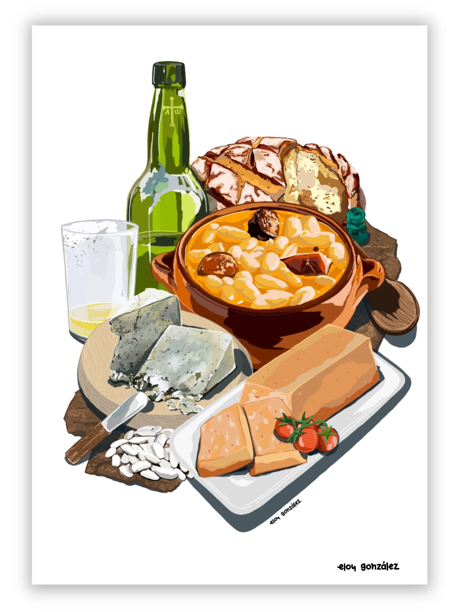 Bodegón asturiano lámina ilustrada por Eloy González
