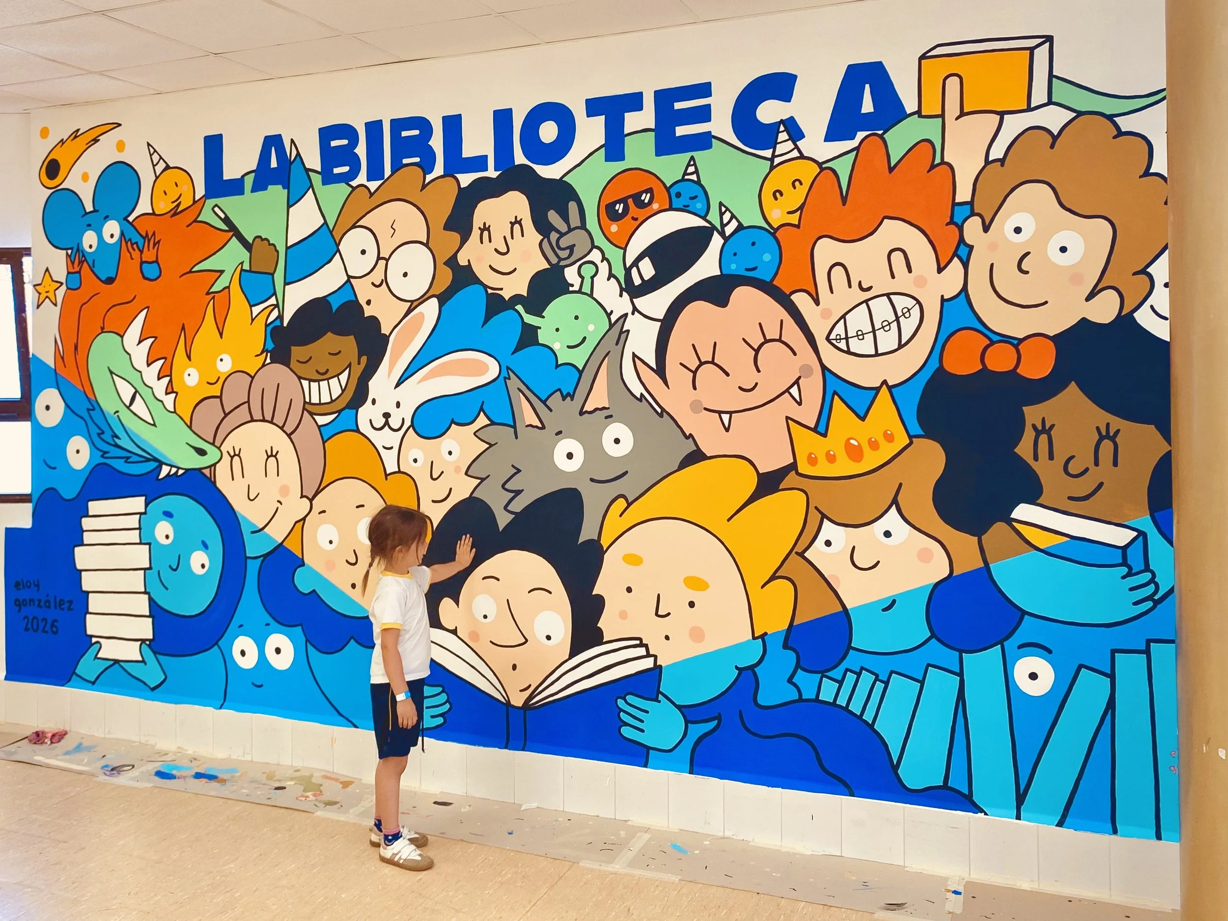 Ilustración mural sobre la lectura y la imaginación realizada para el Colegio Las Claras de La Flota, Murcia.