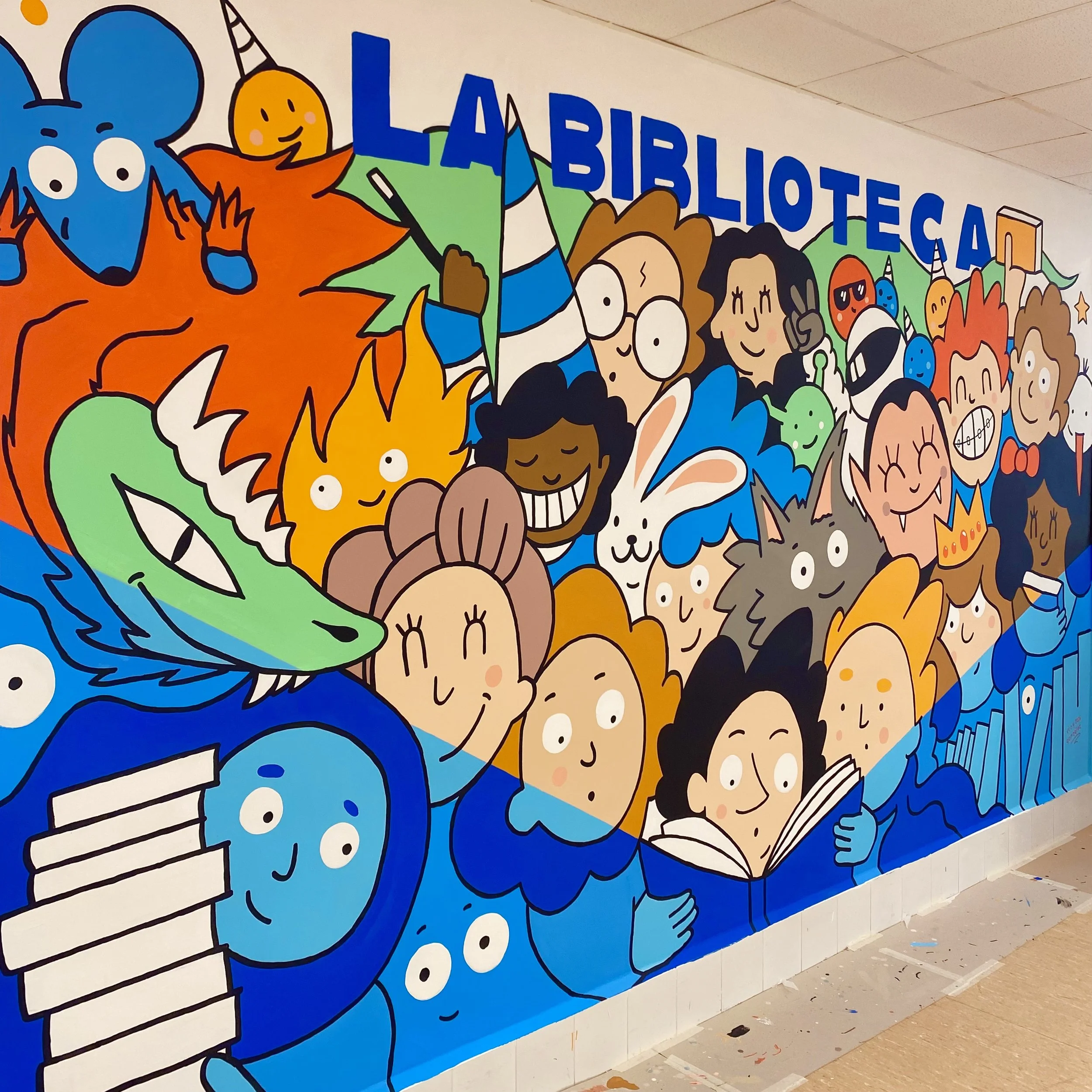 Ilustración mural sobre la lectura y la imaginación realizada para el Colegio Las Claras de La Flota, Murcia.