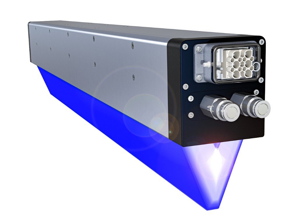 Una representación de un módulo de curado UV de alta potencia, de doble rayo LED.
