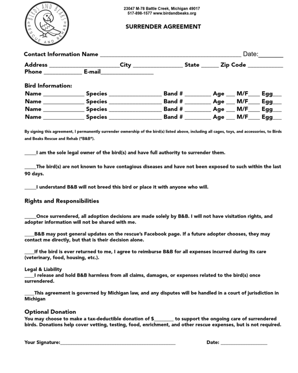 Tag Surrender Form SURRENDER — Birds and Beaks Rescue and Rehab