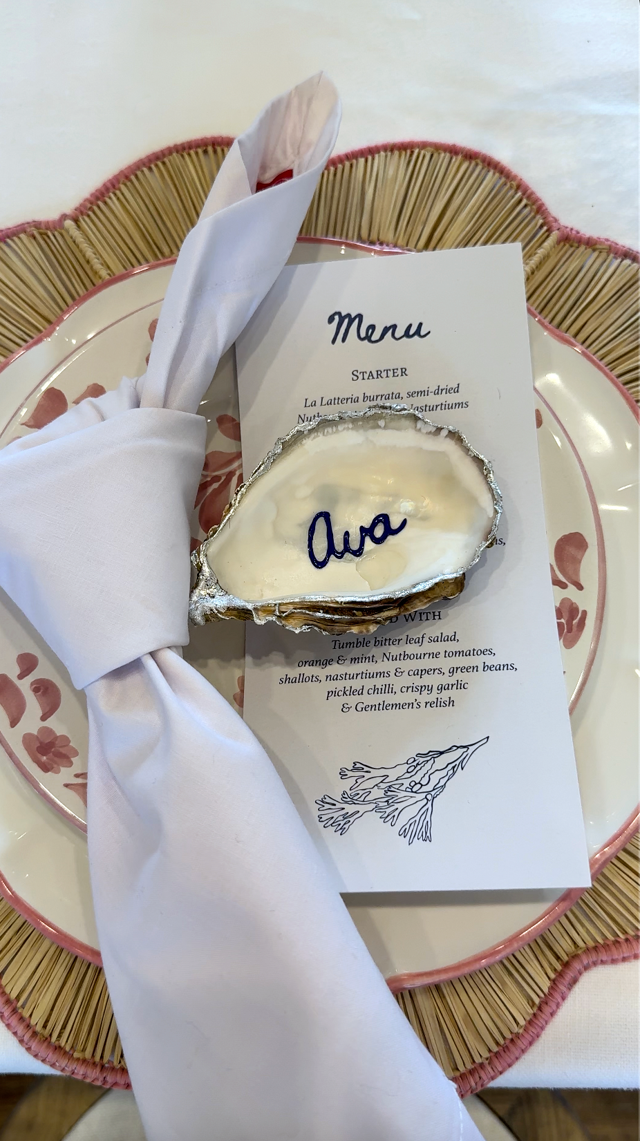 Silver Leafed Oyster Shell Wedding Place Setting with Calligraphy