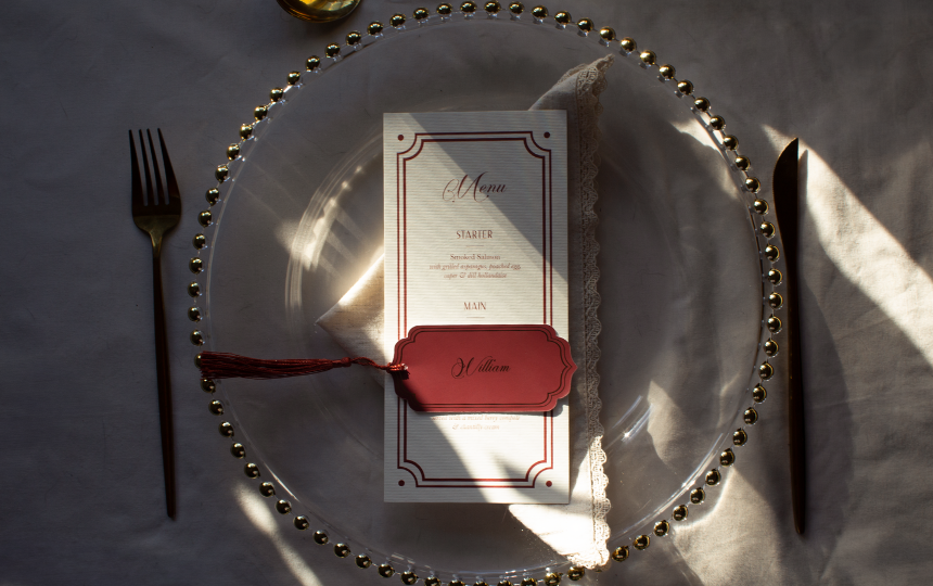 Wedding Menu and Place Setting Name Card with Tassel Red and Gold Foiled Table Setting Gold Beaded Charger Plate