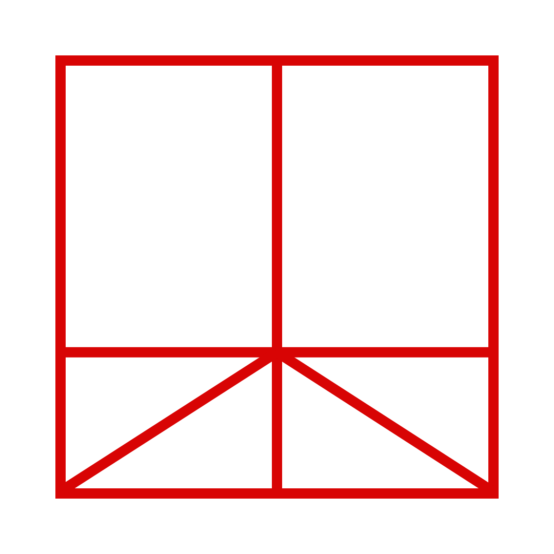 Geometric drawing of an outline square with sections divided by vertical, horizontal, and diagonal lines.