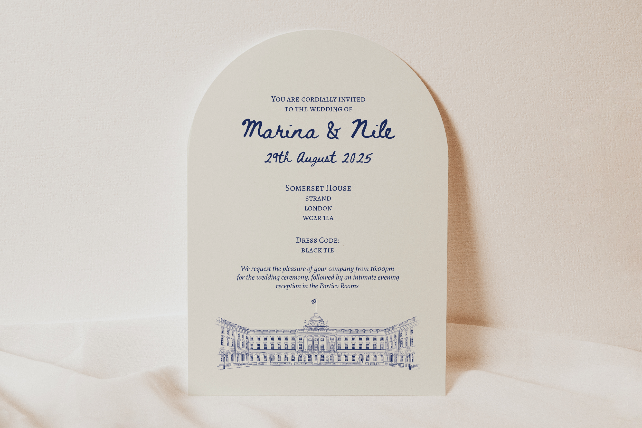 Arched arch shape cut wedding invitation ivory and navy with Somerset House venue illustration