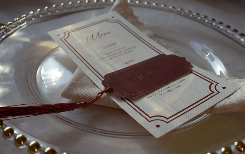 Wedding Event Party Engagement Menu and Place Setting Name Card with Tassel Custom Die Cut Ogee Shape.png