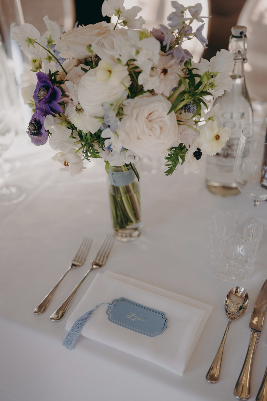 Wedding Tablescape in Spring Colours Light Blue and Silver with Tassel Ogee Shape Place Cards