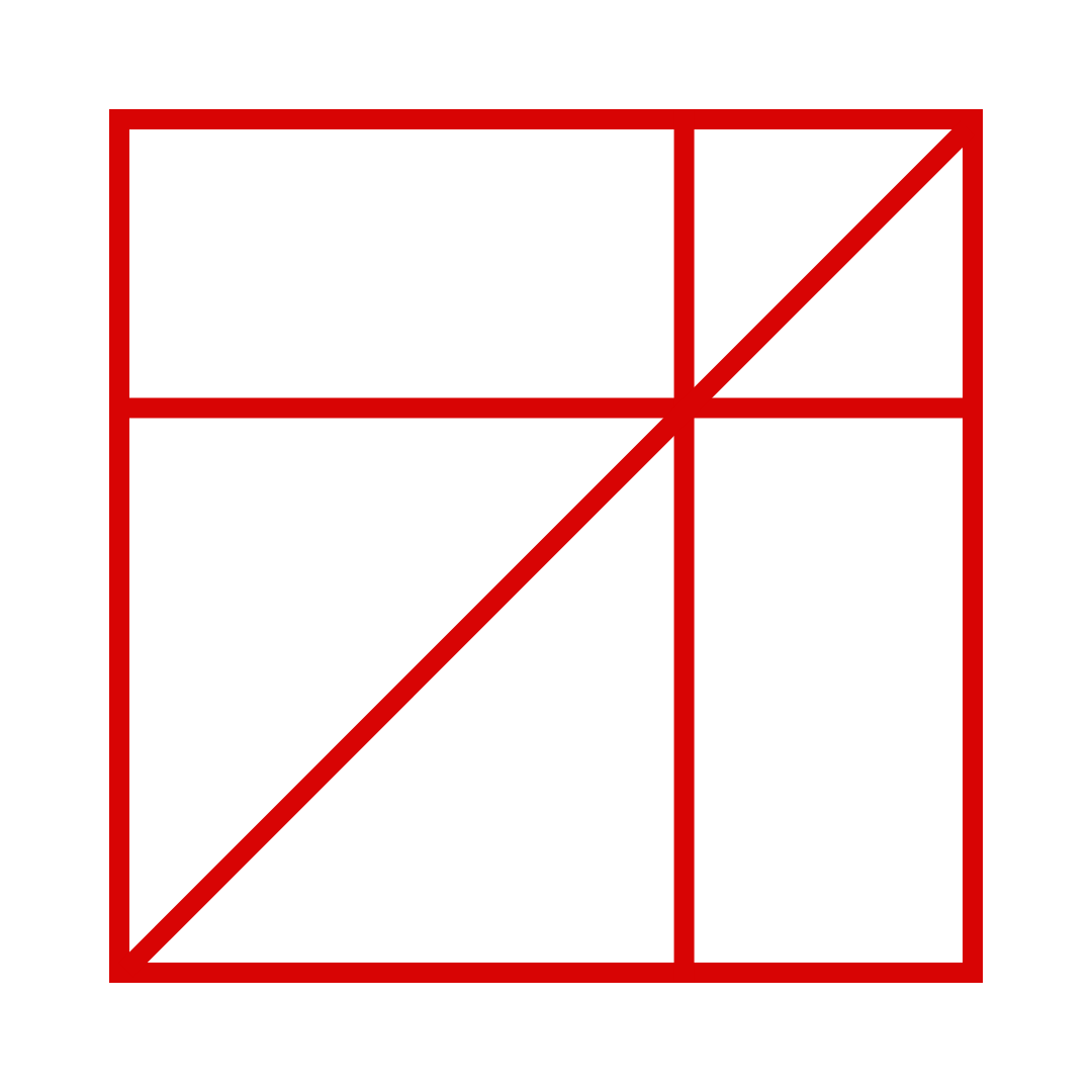 Geometric drawing of an outline square with sections divided by vertical, horizontal, and diagonal lines.