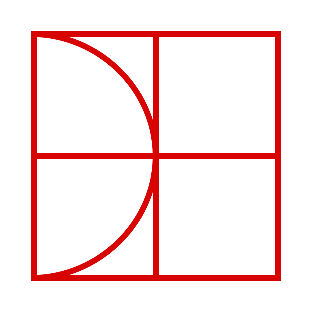 Geometric drawing of an outline square with sections divided by vertical, horizontal, and half circle lines.