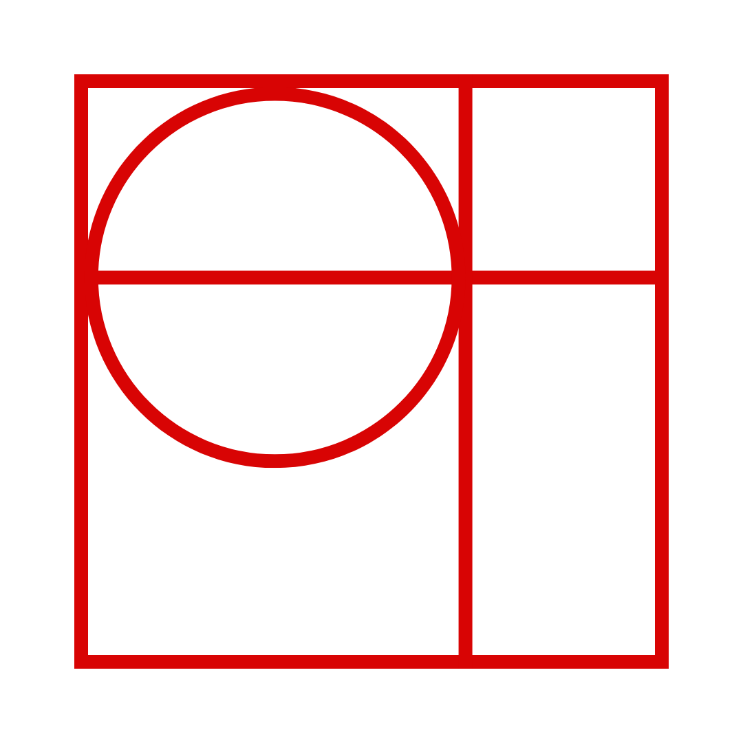 Geometric drawing of an outline square with sections divided by vertical, horizontal, and circle lines.