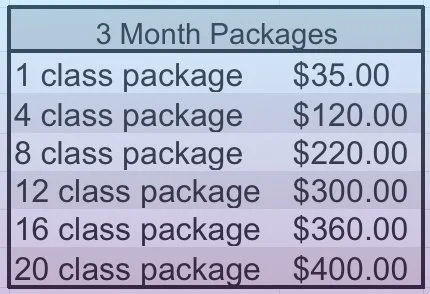 FLIGHT Aerial & Pole Dance three-month class package prices for 4, 8, and unlimited classes