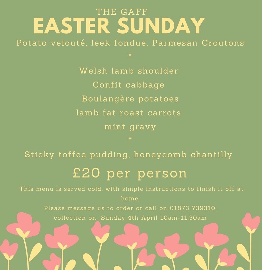 Easter Sunday is fast approaching......make it a special one and let us do most of the work ! 

#eastersunday #dineathome #thegaffatyourgaff #abergavenny #monmouthshire #welshlamb #cheflife #dindins