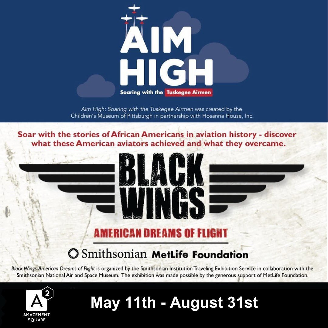 We are so excited to announce that the AIM HIGH: Soaring with the Tuskegee Airmen featuring Black Wings: American Dreams of Flight! traveling exhibition will open on Saturday, May 11th and run through Saturday, August 31st! 

Together, these two expe