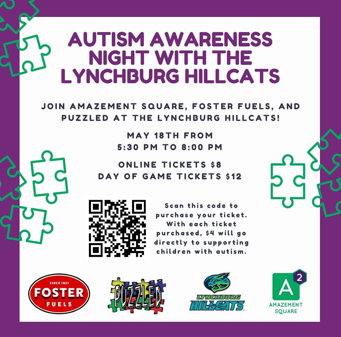 Join Amazement Square, Puzzled, and Foster Fuels this Saturday May 18th from 5:30pm - 8:00pm at the Lynchburg Hillcats Autism Awareness Night! 
Scan the QR code or go to the link in our bio to purchase tickets.

We are looking forward to a night full