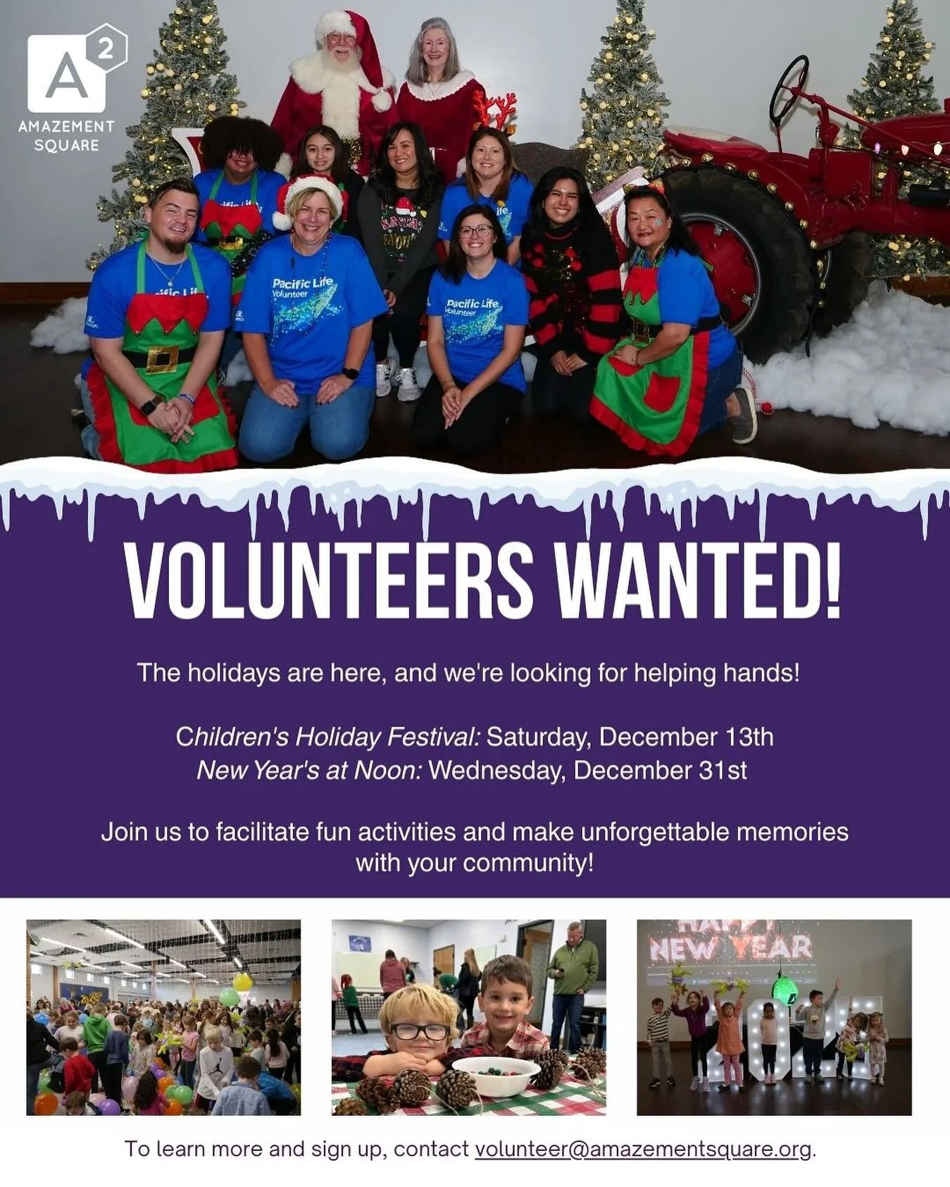 Are you interested in volunteering at Amazement Square? We are looking for community-minded individuals to give us a helping hand at two of our upcoming events!

&bull; Children&rsquo;s Holiday Festival: Saturday, December 13th

&bull; New Year&rsquo