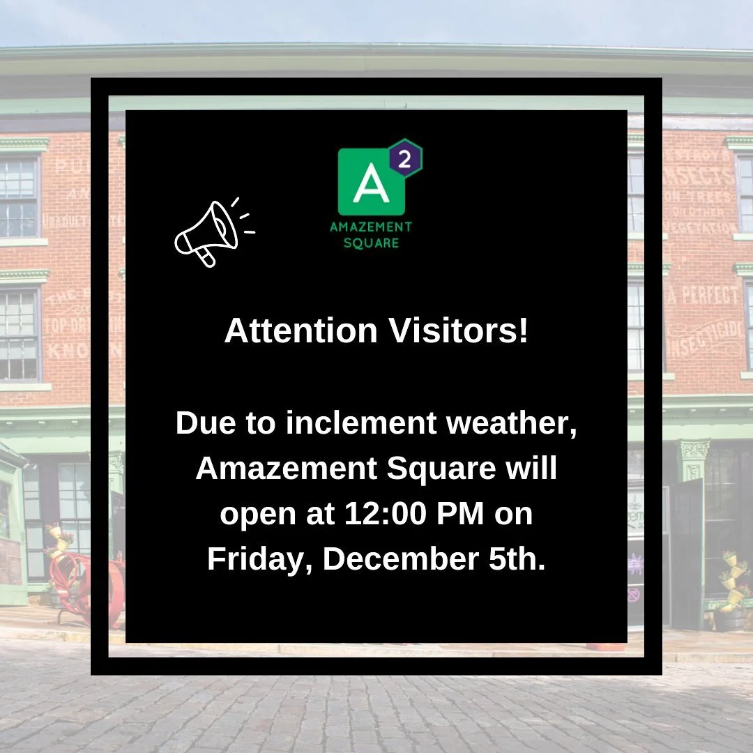 Due to inclement weather, Amazement Square will open at 12:00 PM today, December 5th. We can&rsquo;t wait to stay warm and explore with you on this snow day! ❄️