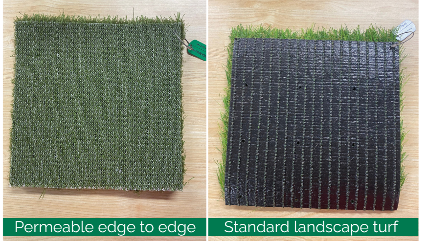 Pet turf for dogs with permeable backing edge to edge next to standard landscape turf backing with punched drain holes