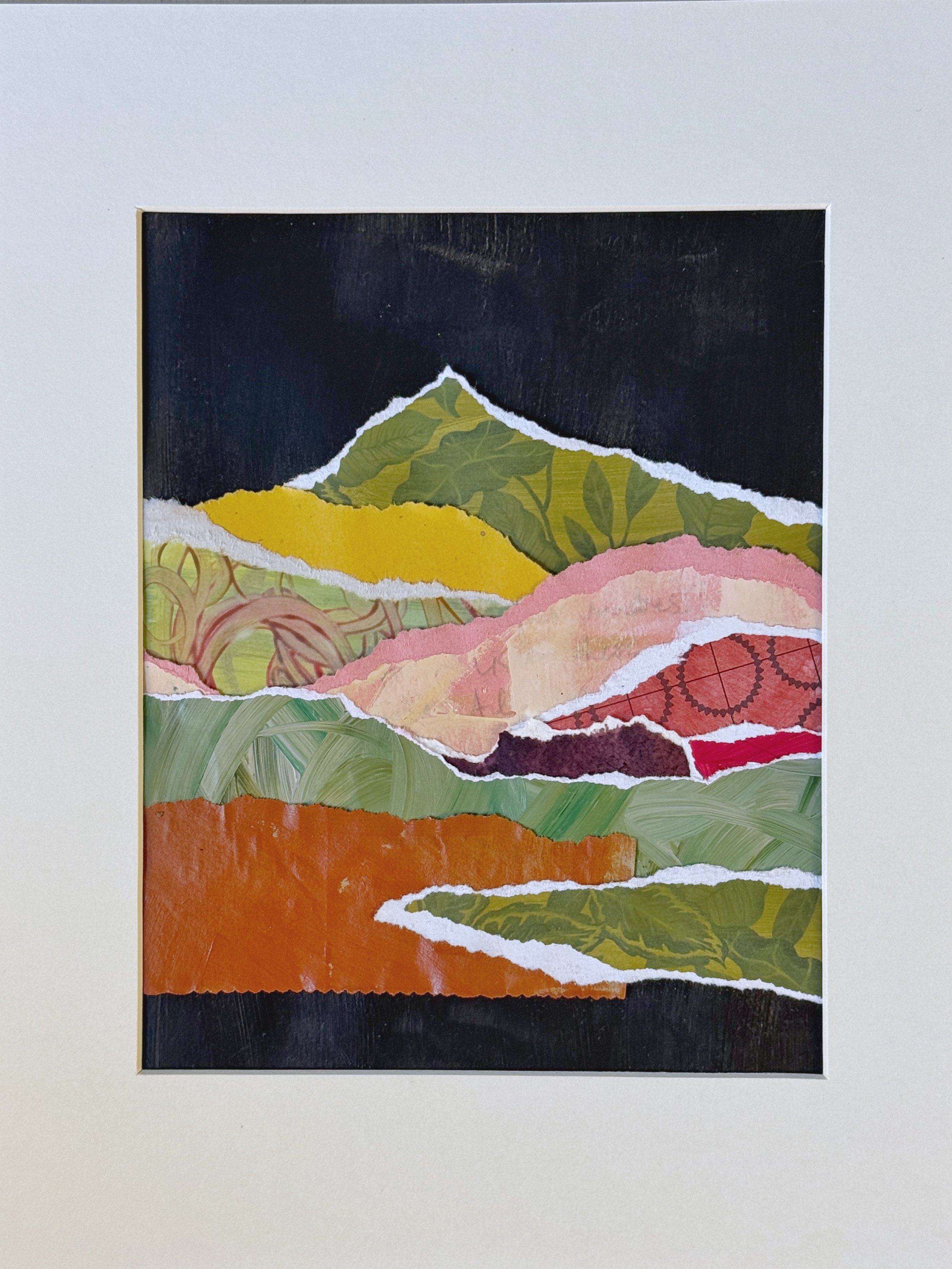 Whenever I&rsquo;m finished painting for the day, I use all the extra to paint colored papers for future collages. And I have stacks and stacks of painted papers in the studio. 

I made a few of these abstract landscapes for white elephant gifts this