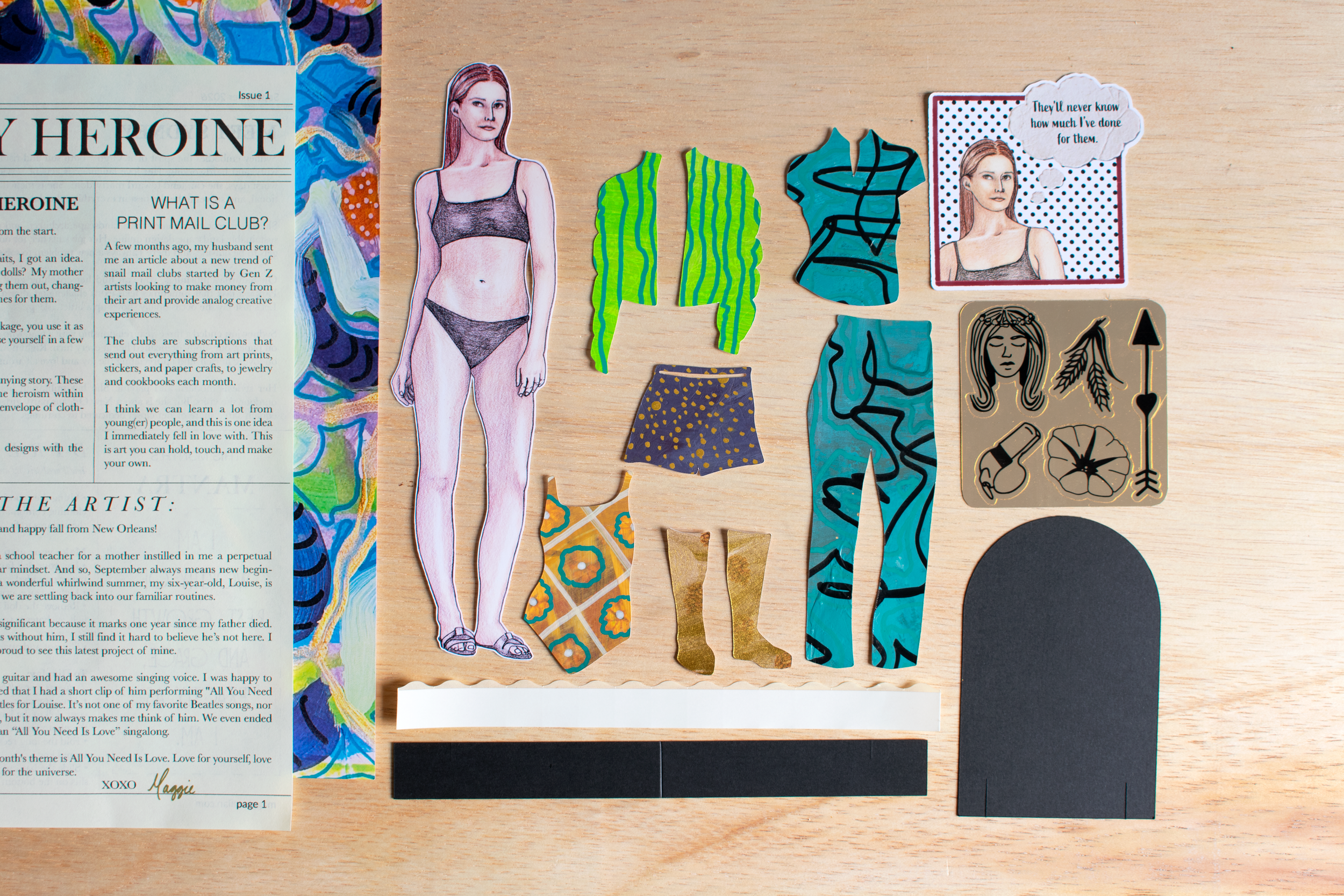 Monthly Heroine paper doll mail club by New Orleans mixed media artist Maggie Callan
