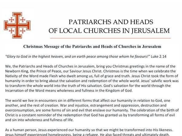 Christmas Message of the Patriarchs and Heads of Churches in Jerusalem