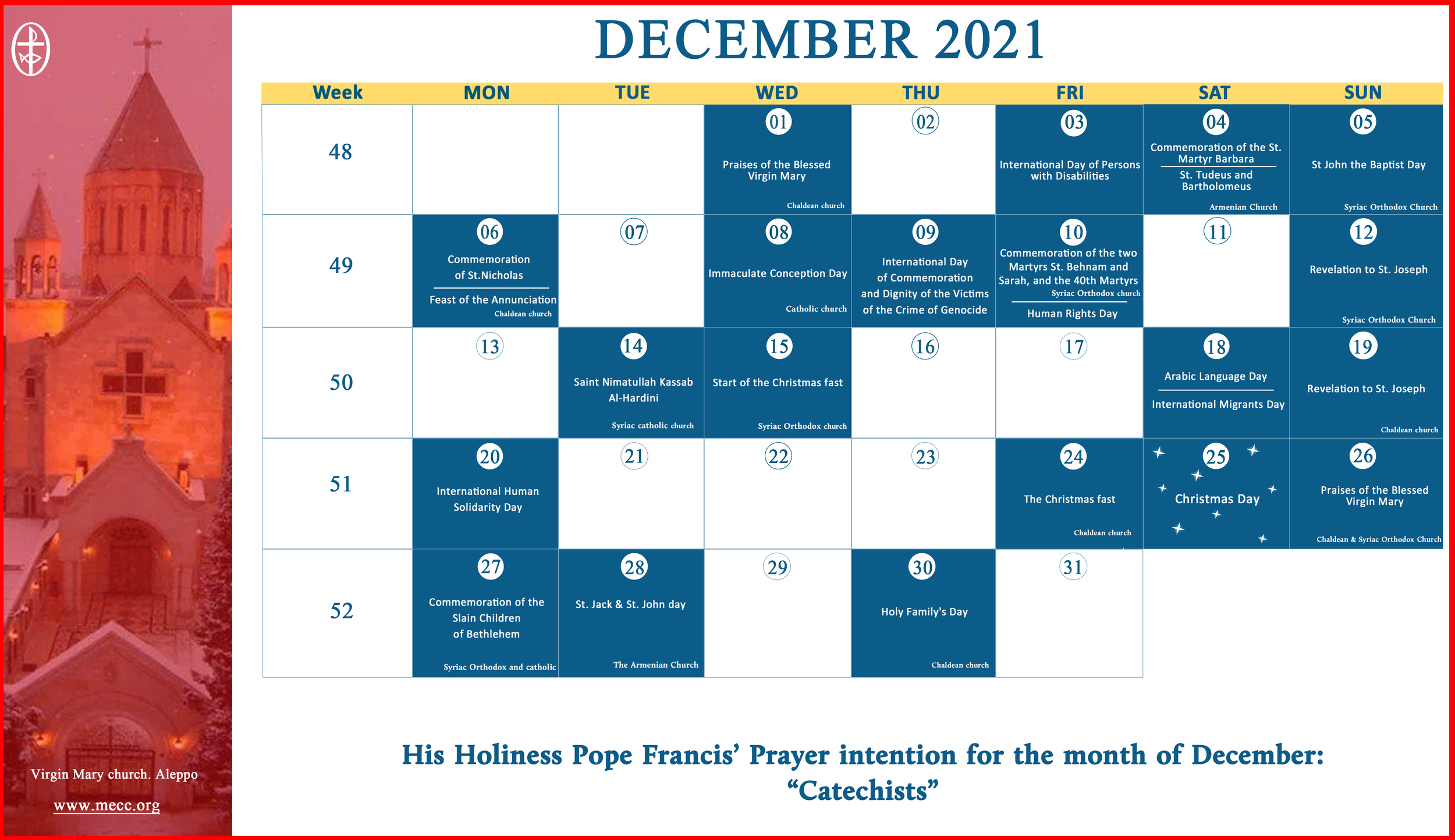 The Middle East Council of Churches Issues the Ecumenical Calendar for December 2021